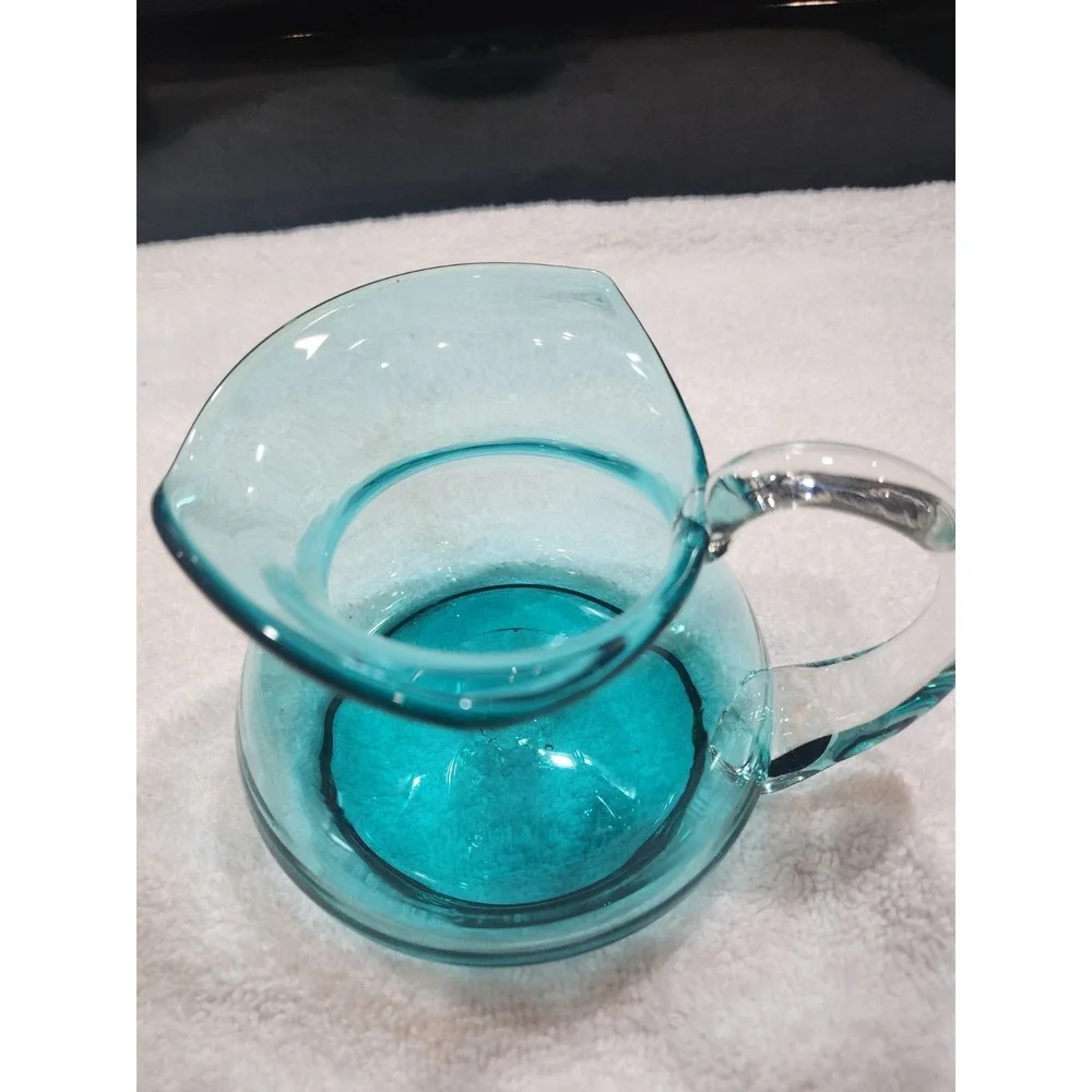 Vintage~MCM~Blue~Pitcher-Squatty~Flat Bottom~Clear Handle~ Squared Top~Beautiful